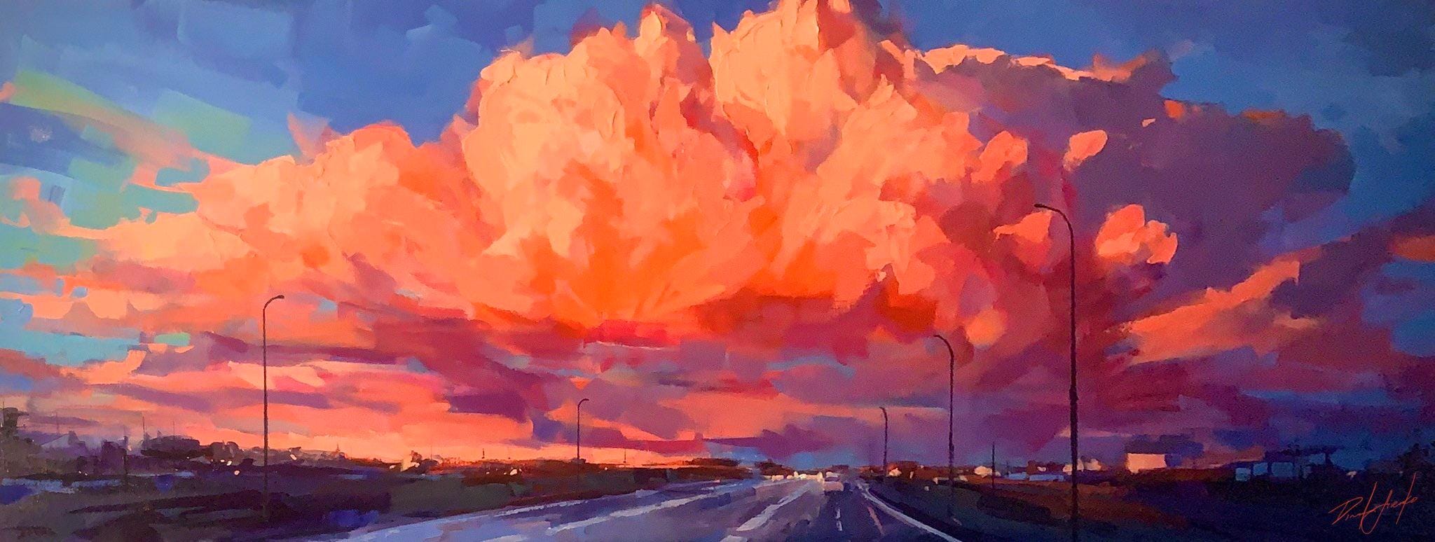 オリジナル絵画 ローズタイタンズ 40x16インチ、雲のアート