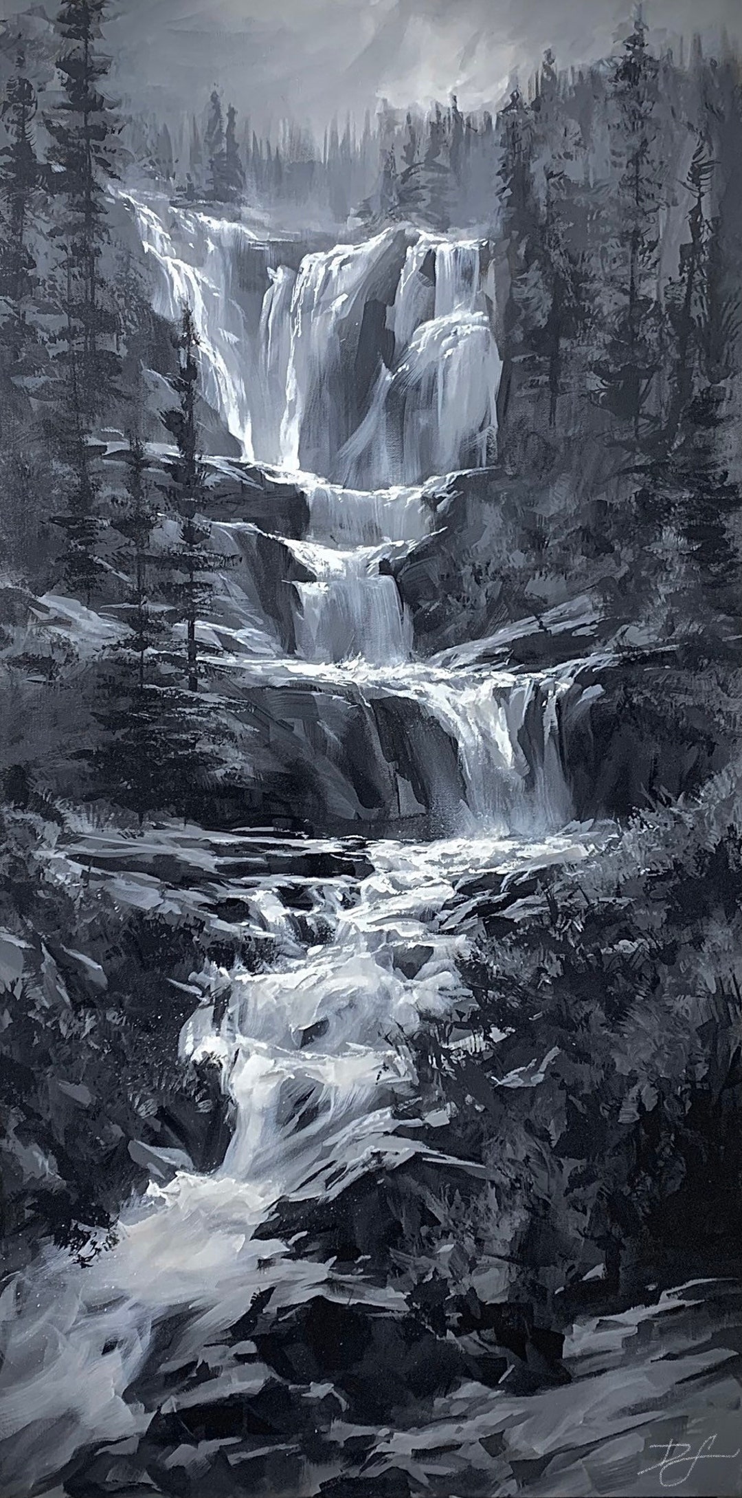 絵画 Mountain Waterfall Amazon.com: Mountain Waterfall Print, Rocky Waterfall