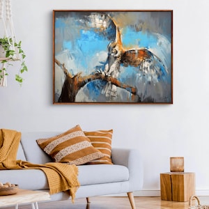 ORIGINAL PAINTING Early Bird 48x36&quot;, Owl on Canvas, Original Painting, Horned Owl Painting, Owl Home Decor, Owl Art