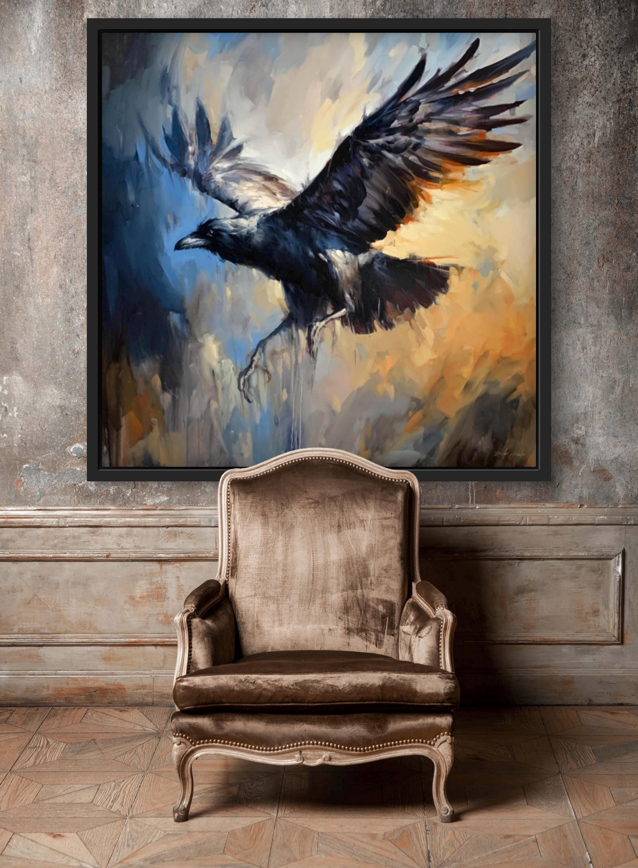 オリジナル絵画 Young Seer 48x48インチ、キャンバスに描かれたカラス