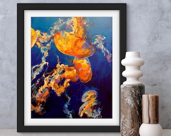 ART PRINT Jellyfish | Canvas | Paper | Sealife Wildlife Wall Art, Deep Sea Poster, Vibrant Coastal Home Decor, Nautical Painting