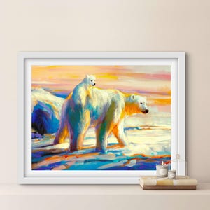 FIRST LIGHT PRINT プリント | ホッキョクグマのポスター、クマのポートレート、北極グマ、自然と動物、母と子