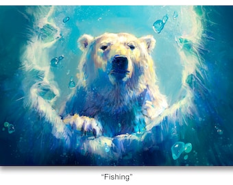 FISHING PRINT Print | Polar Bear Poster, Bear Portrait, North Pole Bear, Nature and Animals, Mother and Child