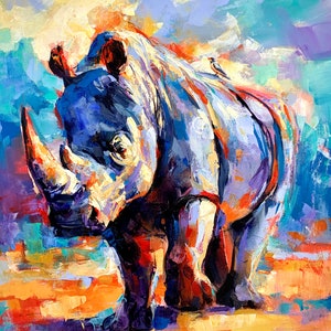KUNSTDRUCK Beste Freunde | Keilrahmen | Papier | Breitmaul Nashorn Wandbild, Bunte Nashorn Malerei, Wohnkultur, Safari Wildtiere Poster