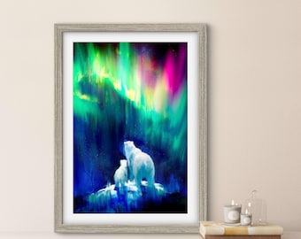 May include: A watercolor painting of two polar bears standing on a snowy hill, looking up at the aurora borealis in the night sky. The aurora is a vibrant display of green, blue, and pink light.