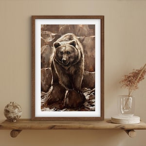 ART PRINT Quarry Watcher | Canvas | Paper | Grizzly Bear Wall Art, Woodlands Wildlife Poster, Rustic Animal Painting, Farmhouse Home Decor