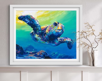 ART PRINT Sea Turtle | Canvas | Paper | Underwater Wildlife Wall Art, Sealife Poster, Home Decor Beach House, Nautical Coastal Painting