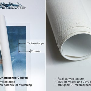 May include: Rolled canvas print with a 2 inch mirrored edge and 3 inch border for stretching. The canvas is 65% polyester and 35% cotton, with a real canvas texture. It is 400 gsm and 21 mil thick.