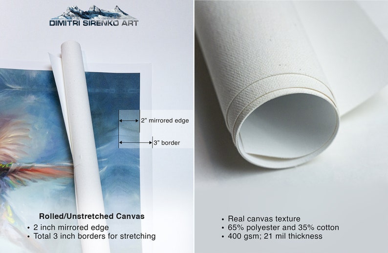 May include: Rolled canvas print with a 2 inch mirrored edge and 3 inch border for stretching. The canvas is 65% polyester and 35% cotton, with a real canvas texture. It is 400 gsm and 21 mil thick.