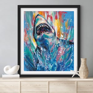 ART PRINT Shark Splash | Canvas | Paper | Great White Wall Art, Sealife Wildlife Poster, Coastal Beach House Decor, Modern Colorful Painting