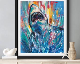 ART PRINT Shark Splash | Canvas | Paper | Great White Wall Art, Sealife Wildlife Poster, Coastal Beach House Decor, Modern Colorful Painting