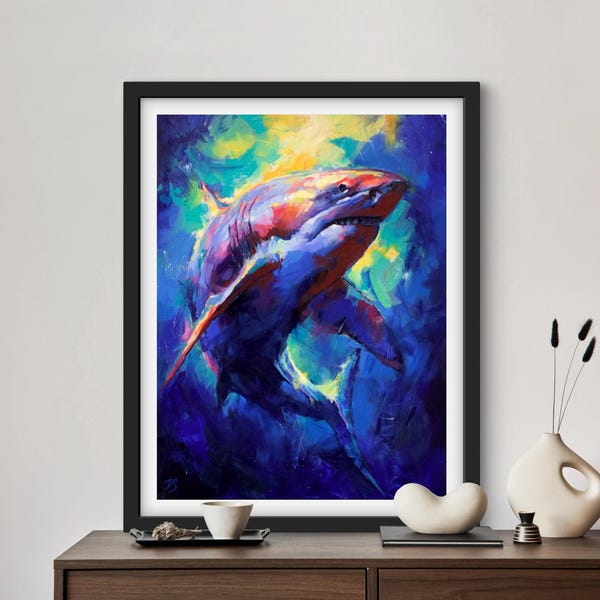 INSTINCTS Print | Shark Canvas, Great White Shark Print, Ocean Animals, Marine Life, Aquatic Animals, Daddy Shark, Nautical Theme