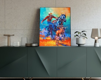 ORIGINAL PAINTING - "Pursuit" 36x48" Acrylic on Canvas, Breakaway Roping Decor, Cowboy Vibrant Artwork, Rodeo Gifts, Srampede Art