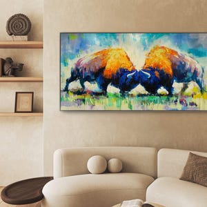 PINTURA ORIGINAL El equilibrio 60x30&quot;, Lienzo de bisonte, Obra de arte de bisonte, Arte de búfalo, Arte de lienzo de bisonte, Pintura de bisonte, Arte de bisonte