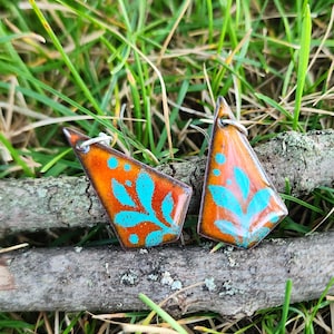 Amber and Turquoise Leaf Patterened Kite Shaped Enameled Dangle Earrings With Plastic Earring Wires for Sensitive Ears