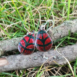 Dark Red and Forrest Teardrop Hand Enameled Earrings With Plastic Earring Wires for Sensitive Ears