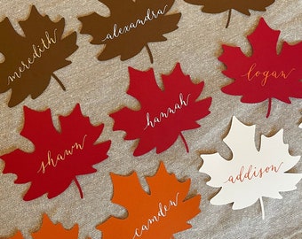 Thanksgiving Fall Leaf Place Cards (Sets of 5+) | Custom Handwritten Calligraphy | Personalized Table Name Cards