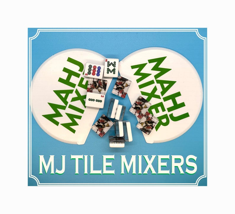 Może przedstawiać: Jasnoniebieskie tło z białym i zielonym tekstem, kt&oacute;ry brzmi "MAHJ MIXER" i "MJ TILE MIXERS". Obraz przedstawia kafelki Mahjong i miksery do płytek. Płytki mają r&oacute;żne wzory i numery.