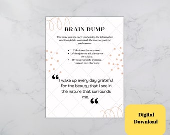 Brain Dump Journal, printable brain dump journal, brain dump planner, dump journal, mental health, thought organizer, brain dump worksheets