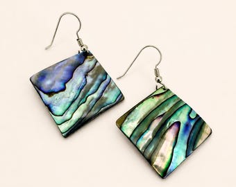 Natural Paua Shell Diamond Drop Earrings | Iridescent Abalone Coastal Jewelry