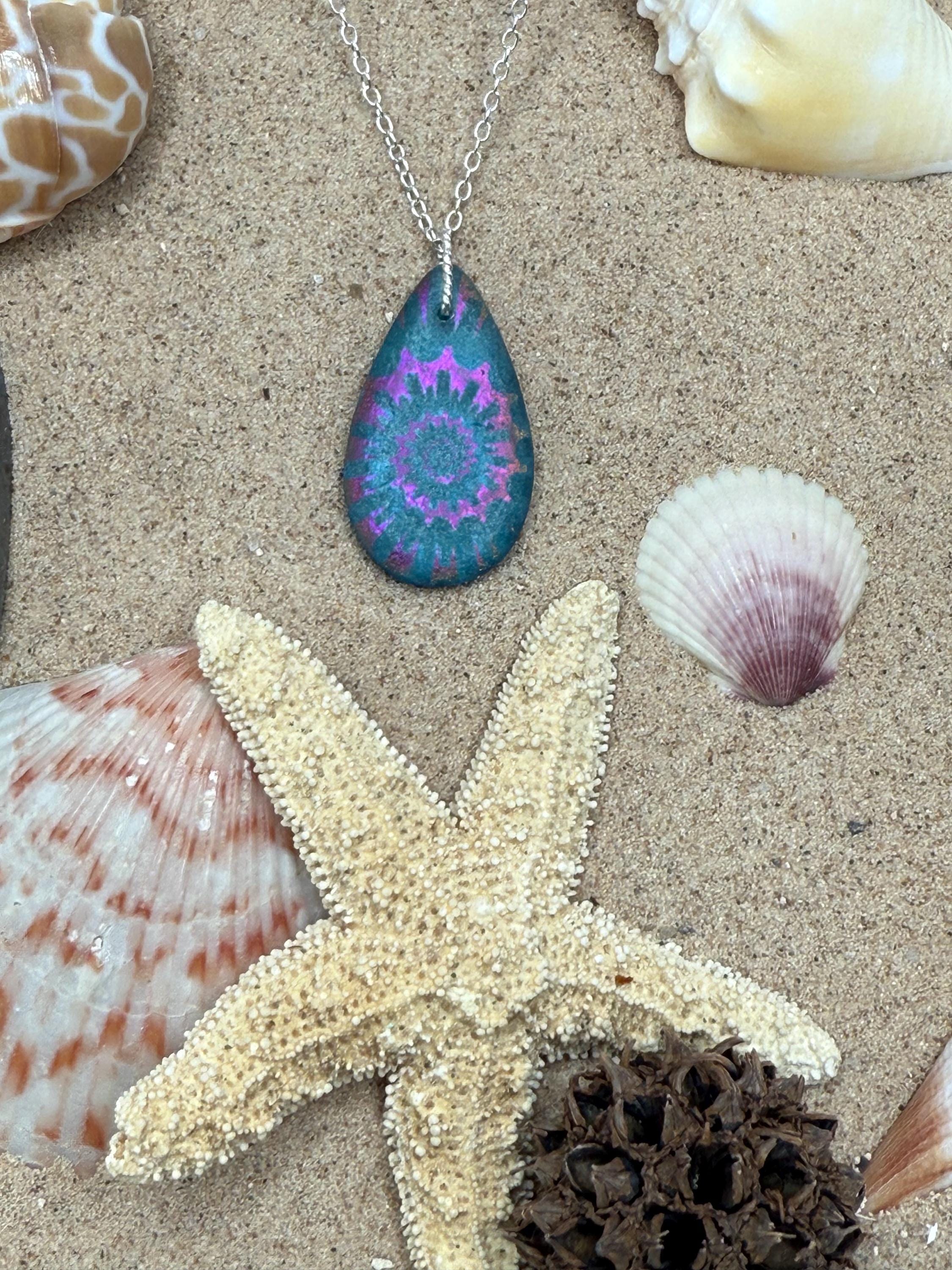 Teardrop Czech Glass Laser etched ammonite pendant necklace