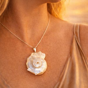 May include: A silver chain necklace featuring a large, iridescent white seashell pendant. The shell has a spiral, nautilus-like shape with a pearlescent finish that reflects light, suspended from a simple silver bail on a delicate metal chain.