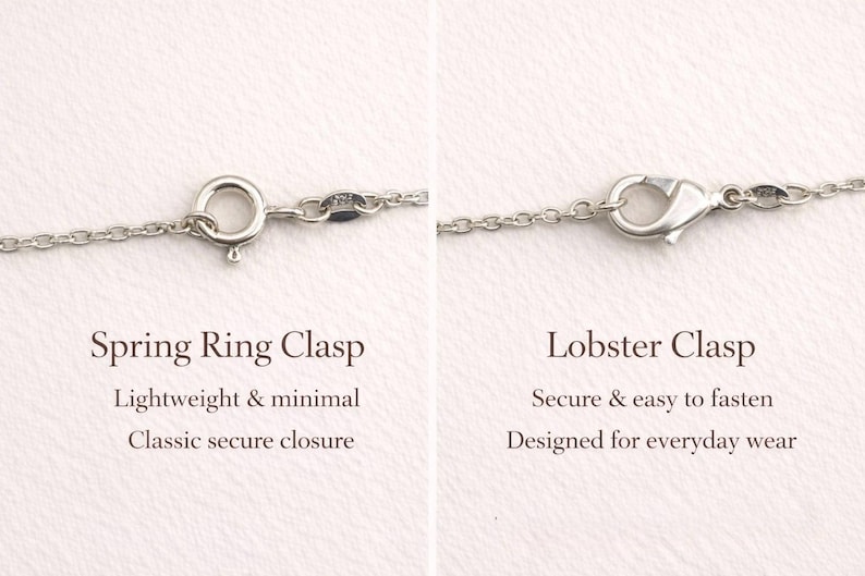 May include: A comparison of two silver-toned necklace closures. On the left, a circular spring ring clasp with the text Spring Ring Clasp, Lightweight & minimal, Classic secure closure. On the right, a lobster clasp with the text Lobster Clasp, Secure & easy to fasten, Designed for everyday wear.