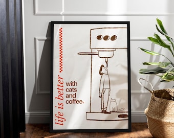 Grappige kat en koffieposter, trendy muurdecoratie koffieverslavingbar