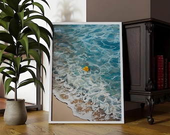 Duck in Waves Art, Ocean Wave Painting, Whimsical Bathroom Wall Art, Yellow Rubber Duck Print (12x16 Inch)