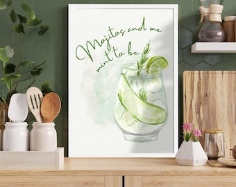 Cocktail Mojito Poster, Mojito Art Print, Aesthetic Drink Pictures Wall Decor for Kitchen