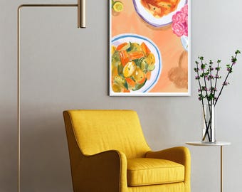 Dinner Pasta Poster, Italian Food Print, Vintage Kitchen Wall Art, Dining Room Decor