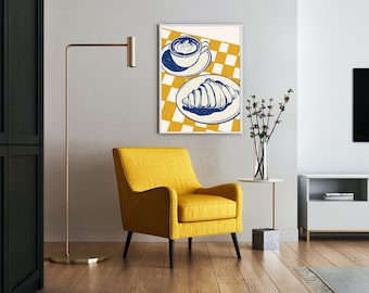 Kaffee und Croissant Poster, Vintage Frühstücksdruck, Retro Küchendruck, Kaffeeliebhaber Geschenk