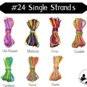 May include: Six spools of embroidery floss in various color combinations, including Lilac Bouquet, Multicolor, Circus, Confetti, Caribbean, Festival, and Pastels. Each spool is labeled with its color name.