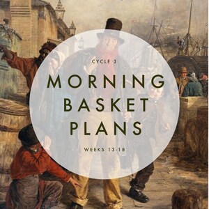 Pu&ograve; includere: Dipinto in stile antico con un testo centrale che recita "MORNING BASKET PLANS" e "WEEKS 13-18". L'opera raffigura un gruppo di persone in abiti d'epoca vicino a un porto, con un uomo con un cappello a cilindro come figura centrale.