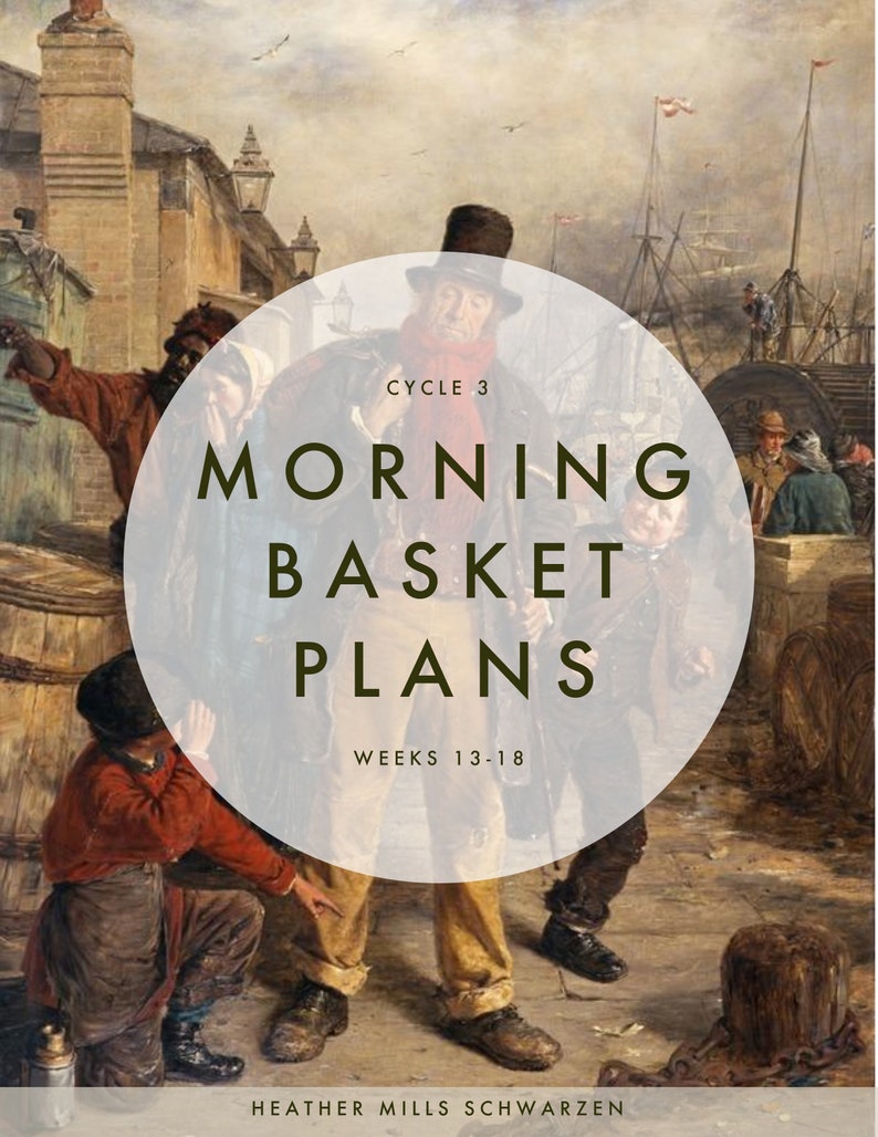 Pu&ograve; includere: Dipinto in stile antico con un testo centrale che recita "MORNING BASKET PLANS" e "WEEKS 13-18". L'opera raffigura un gruppo di persone in abiti d'epoca vicino a un porto, con un uomo con un cappello a cilindro come figura centrale.