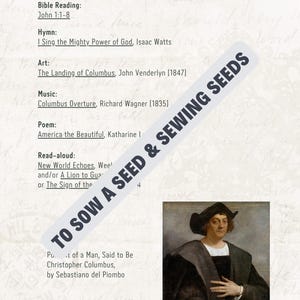 Pu&ograve; includere: Una pagina di una guida allo studio con il testo "Week 1" in alto. La pagina include un elenco di letture bibliche, inni, arte, musica e una poesia. Un ritratto di Cristoforo Colombo si trova nell'angolo in basso a destra.