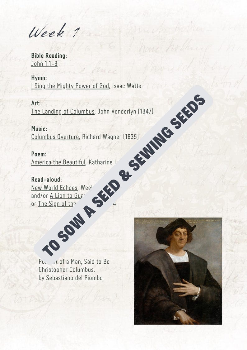 Pu&ograve; includere: Una pagina di una guida allo studio con il testo "Week 1" in alto. La pagina include un elenco di letture bibliche, inni, arte, musica e una poesia. Un ritratto di Cristoforo Colombo si trova nell'angolo in basso a destra.