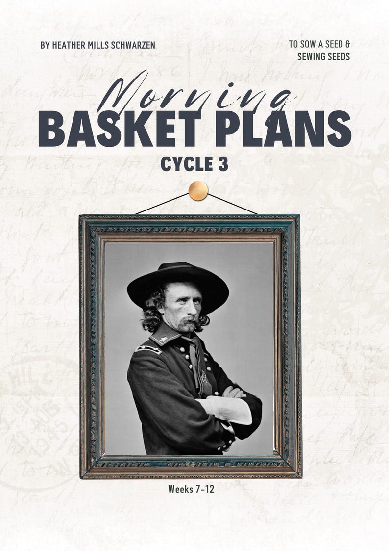 Pu&ograve; includere: Un ritratto in bianco e nero incorniciato di un uomo in uniforme militare, con il testo "Morning Basket Plans Cycle 3" sopra. L'immagine &egrave; su uno sfondo strutturato con una sceneggiatura scritta a mano. Il testo "Weeks 7-12" &egrave; in basso.