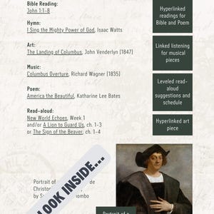 Pu&ograve; includere: Una pagina di risorse educative intitolata "Settimana 1" con un elenco di letture, inni, arte, musica e una poesia. Include un ritratto di Cristoforo Colombo e il testo "A LOOK INSIDE..."