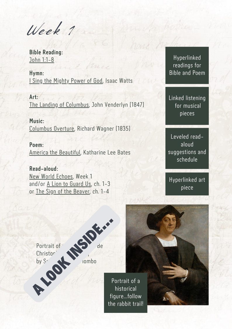 Pu&ograve; includere: Una pagina di risorse educative intitolata "Settimana 1" con un elenco di letture, inni, arte, musica e una poesia. Include un ritratto di Cristoforo Colombo e il testo "A LOOK INSIDE..."