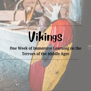 Könnte beinhalten: Ein Wikingerschild mit roten und gelben Segmenten lehnt an einem Holzpfosten. Das Bild enthält den Text "Vikings" und "One Week of Immersive Learning on the Terrors of the Middle Ages."