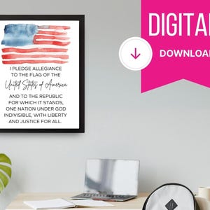 Patriotic American Flag Watercolor Art with Pledge of Allegiance - Instant Digital Download | Homeschool Classroom Decor | USA Wall Art