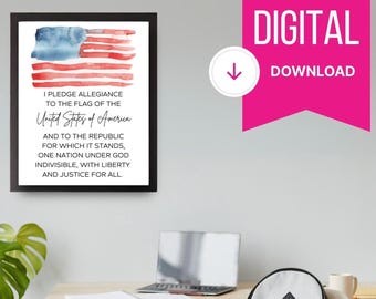 忠誠の誓いを描いた愛国的なアメリカ国旗の水彩画 - インスタントデジタルダウンロード | ホームスクールの教室の装飾 | アメリカのウォールアート