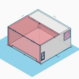 May include: A 3D model of a box with a white top, a pink interior, and a gray side panel. The box has a small window on the side and a fan on the back.
