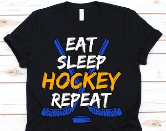 Eet slaaphockey Herhaal T-shirt, eet slaaphockey, hockey, hockeyshirt, hockeycadeau, hockeyspeler, ijshockeyshirt