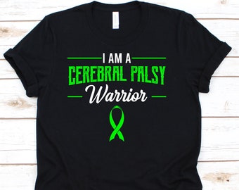 May include: Black t-shirt featuring the text "I AM A CEREBRAL PALSY Warrior" in green and white, with a green ribbon symbol. The t-shirt has a crew neck.