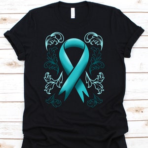 Ovarian Cancer Ribbon Shirt, Cancer Awareness Gift For Ovarian Cancer Warrior Fighter Survivor, Ovarian Cancer Teal Ribbon Tshirt