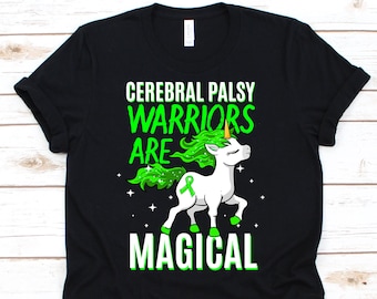 May include: Black t-shirt with a graphic of a white unicorn with green hair and a green ribbon. The text reads "CEREBRAL PALSY WARRIORS ARE MAGICAL" in green and white.