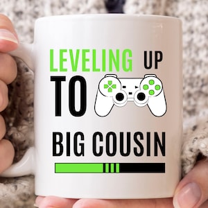 Leveling Up To Big Cousin Mug, Baby Announcement Gaming Coffee Cup For Soon To Be Big Cousins, Video Game Gift For Boys Girls, Gamer Cousin