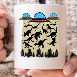 Dinosaur Abduction Mug, Funny Extraterrestrial Outer Space Gift Idea for Sci-Fi And Dinosaur Lovers, Alien Abduction Coffee Cup
